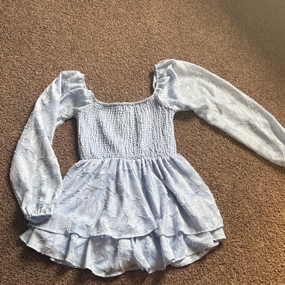 Light Blue Long Sleeve Smocked Blouse dress/skort (built in shorts)